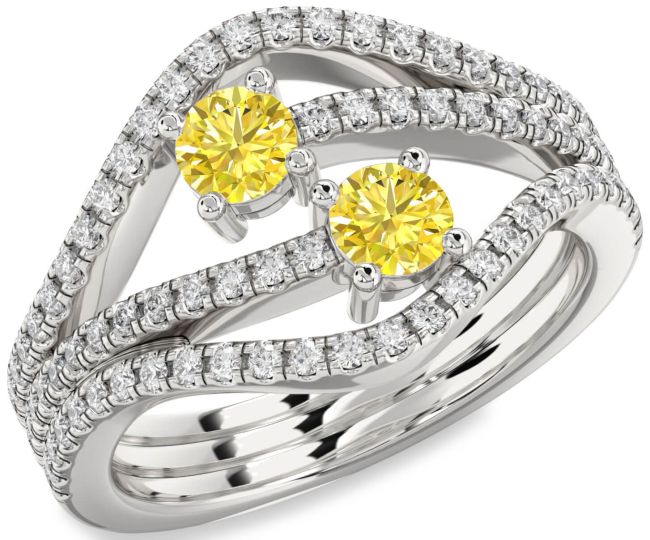 Yellow Diamond Silver Round Two Stone Pave Ring