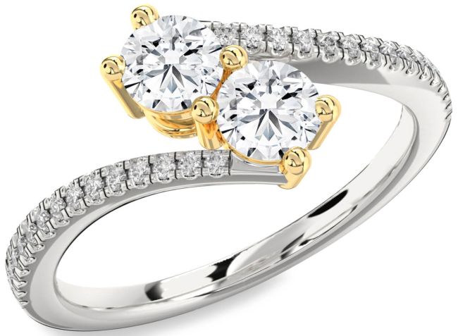 Diamond White Yellow Gold Round Two Stone Pave Ring