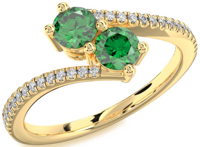 Diamond Emerald Gold Silver Round Two Stone Pave Birthstone Ring