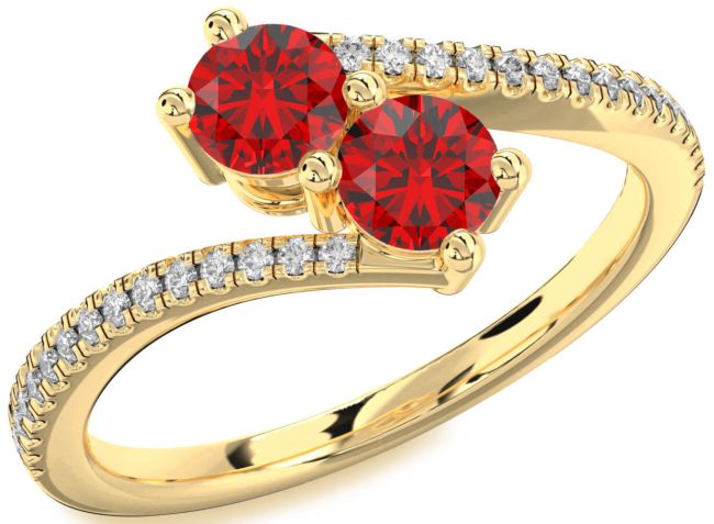 Diamond Ruby Gold Round Two Stone Pave Birthstone Ring