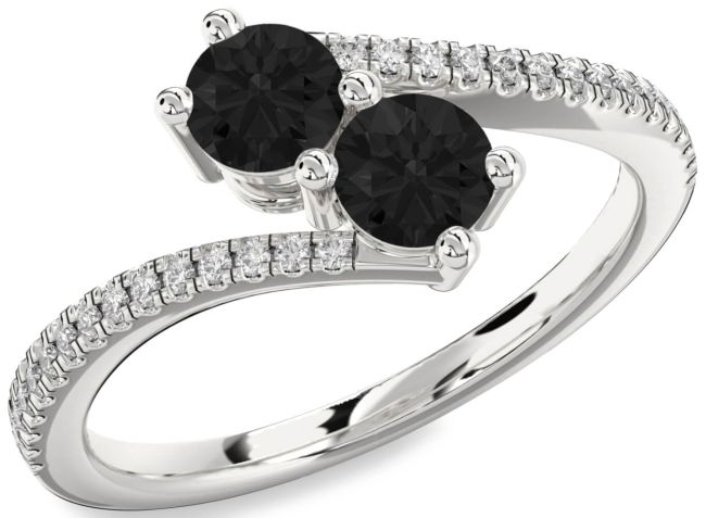 Black Diamond Silver Round Two Stone Pave Ring