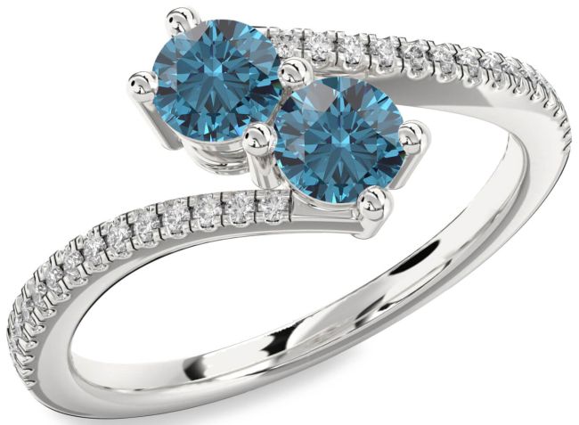 Blue Diamond Silver Round Two Stone Pave Ring