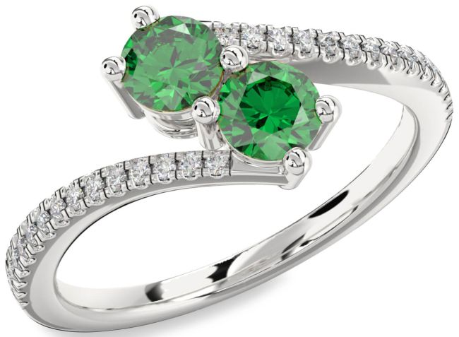 Diamond Emerald Silver Round Two Stone Pave Birthstone Ring