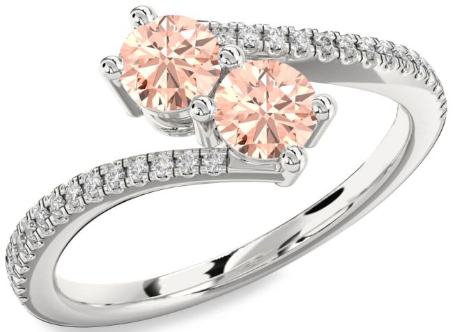 Diamond Morganite Silver Round Two Stone Pave Ring