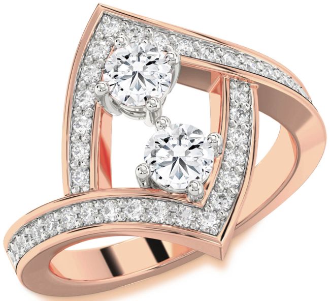 Diamond Rose Gold Silver Round Two Stone Pave Ring