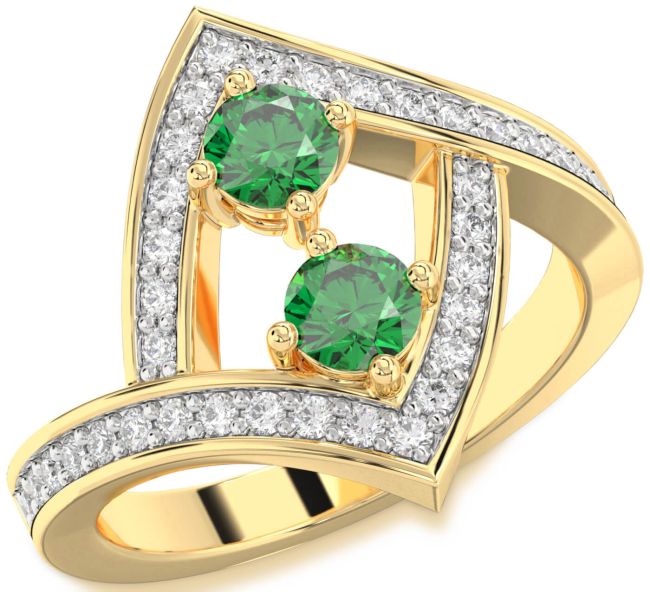 Diamond Emerald Gold Silver Round Two Stone Pave Birthstone Ring