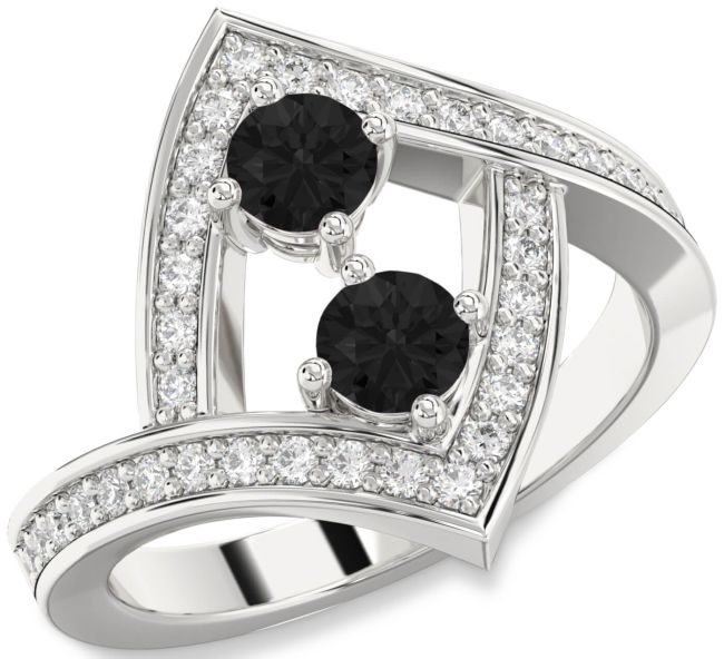 Black Diamond Silver Round Two Stone Pave Ring