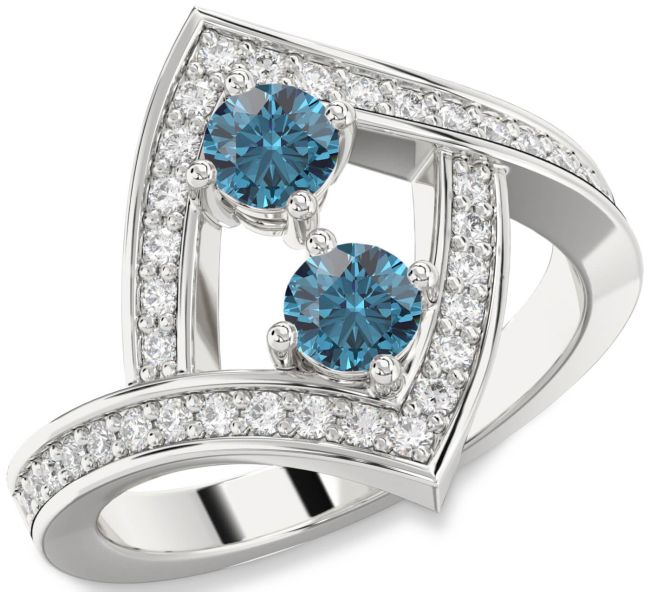 Blue Diamond Silver Round Two Stone Pave Ring
