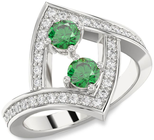 Diamond Emerald Silver Round Two Stone Pave Birthstone Ring
