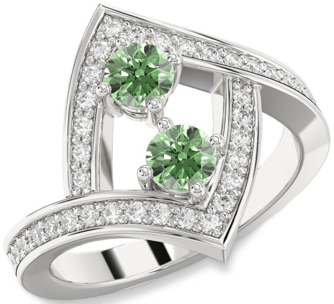 Green Diamond Silver Round Two Stone Pave Ring