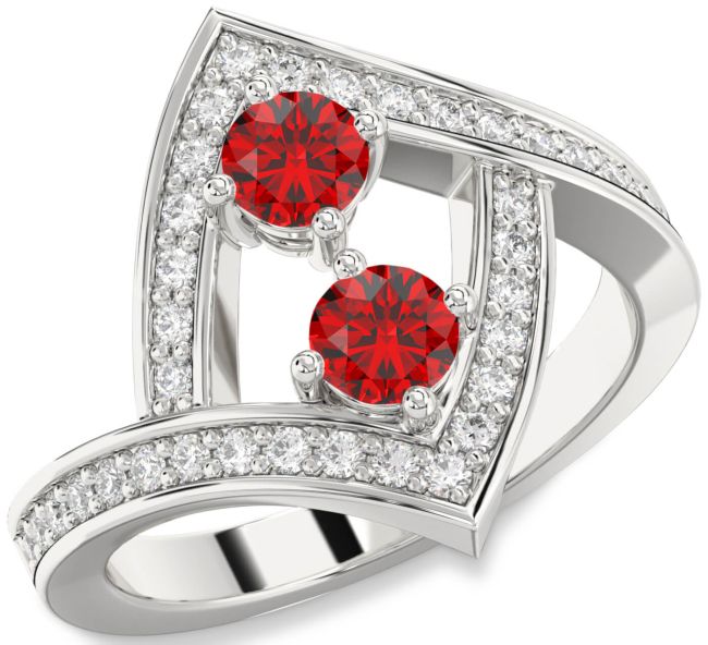Diamond Ruby Silver Round Two Stone Pave Birthstone Ring