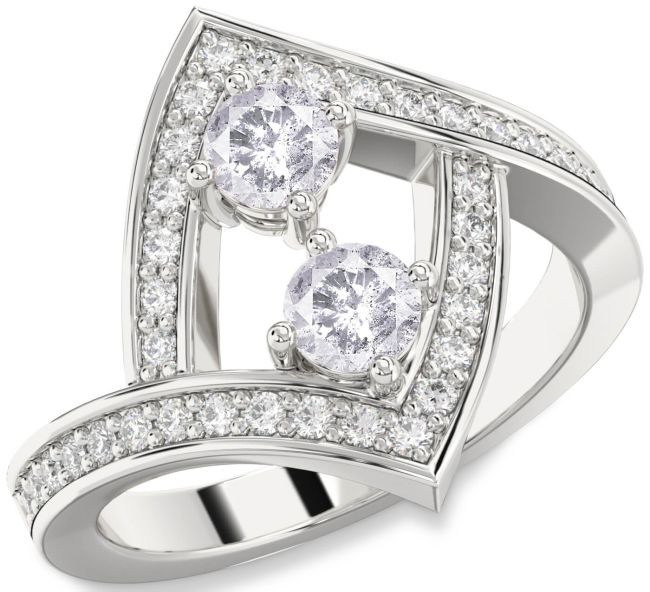Salt & Pepper Diamond Silver Round Two Stone Pave Ring