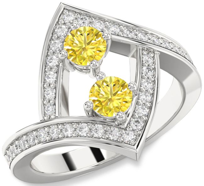 Yellow Diamond Silver Round Two Stone Pave Ring