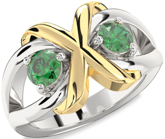 Emerald Gold Silver Round Two Stone Birthstone Ring