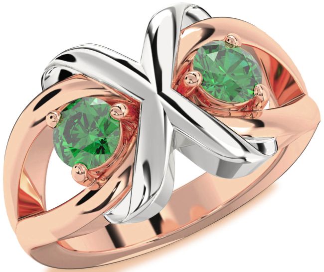 Emerald Rose Gold Silver Round Two Stone Birthstone Ring