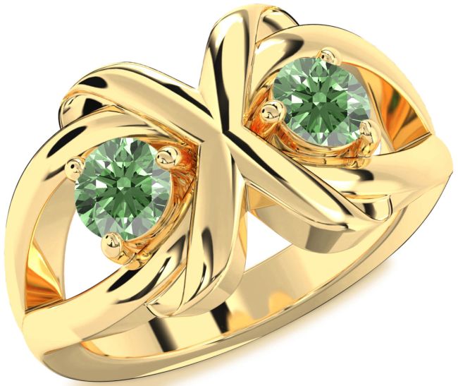 Green Diamond Gold Silver Round Two Stone Ring