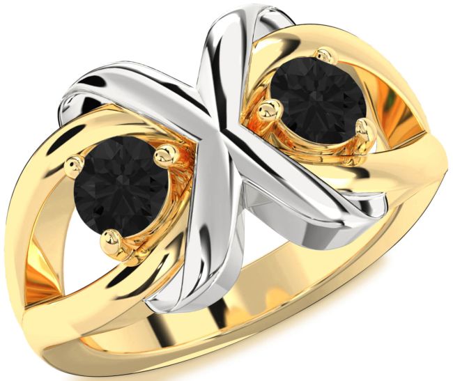 Black Diamond Gold Silver Round Two Stone Ring