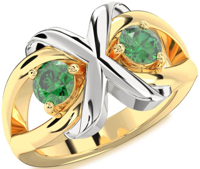 Emerald Gold Silver Round Two Stone Birthstone Ring