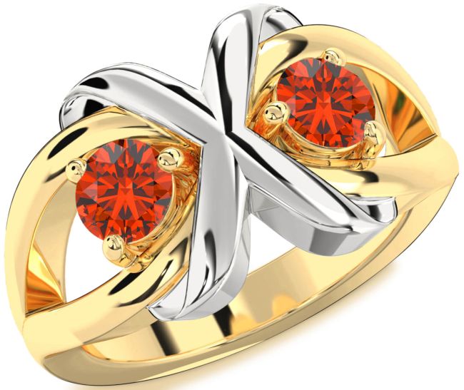 Fire Opal Gold Silver Round Two Stone Ring