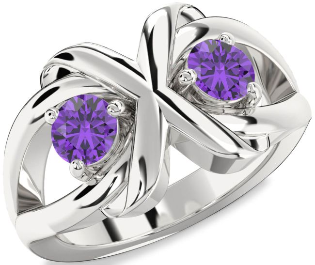 Amethyst Silver Round Two Stone Birthstone Ring