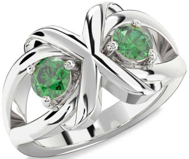 Emerald Silver Round Two Stone Birthstone Ring