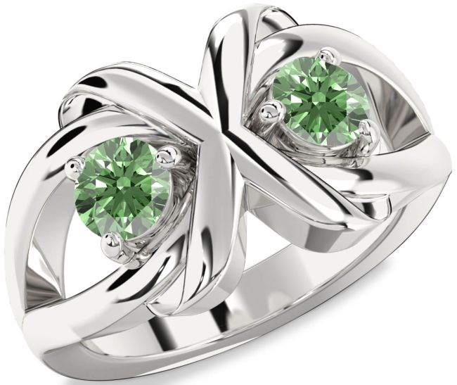 Green Diamond Silver Round Two Stone Ring