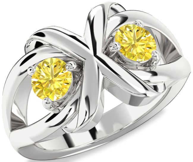 Yellow Diamond Silver Round Two Stone Ring
