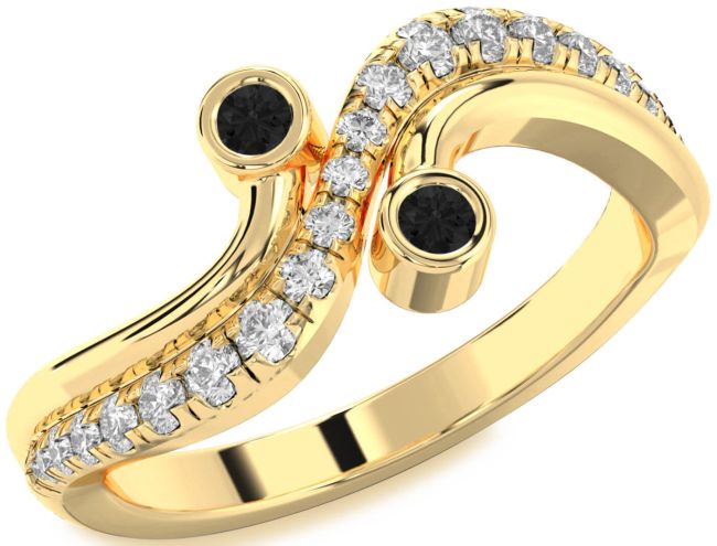 Black Diamond Gold Silver Round Two Stone Ring