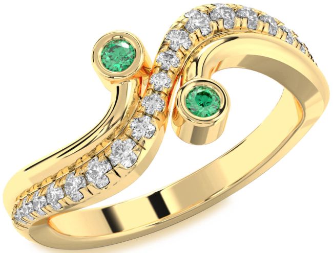 Diamond Emerald Gold Round Two Stone Birthstone Ring