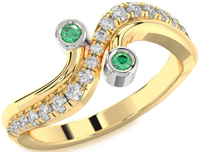 Diamond Emerald Gold Silver Round Two Stone Birthstone Ring