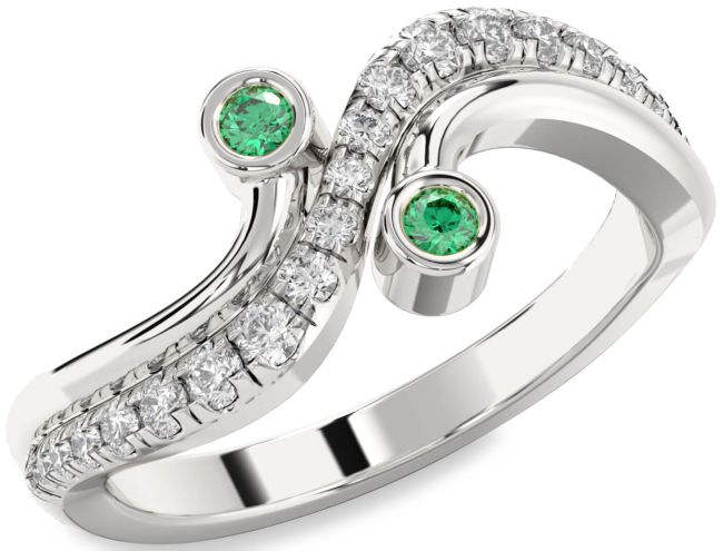 Diamond Emerald Silver Round Two Stone Birthstone Ring