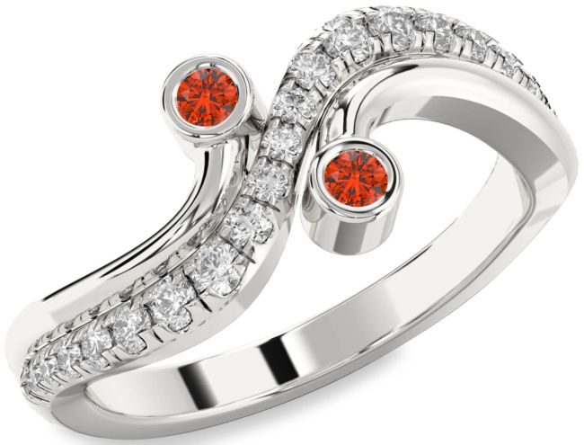 Diamond Fire Opal Silver Round Two Stone Ring