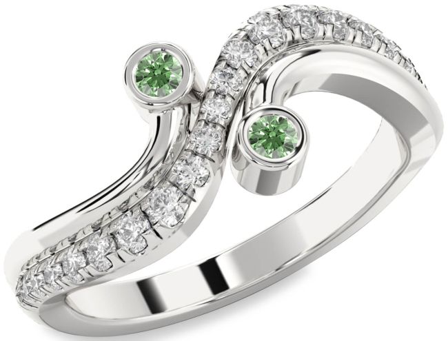 Green Diamond Silver Round Two Stone Ring