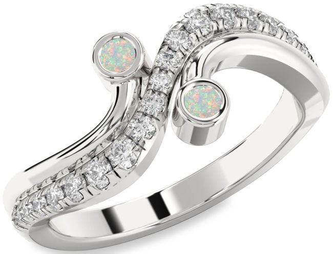 Diamond Opal Silver Round Two Stone Birthstone Ring