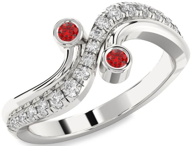 Diamond Ruby Silver Round Two Stone Birthstone Ring