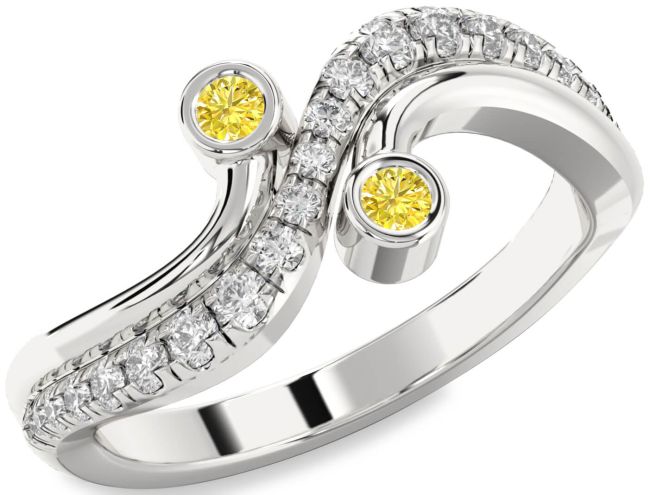Yellow Diamond Silver Round Two Stone Ring