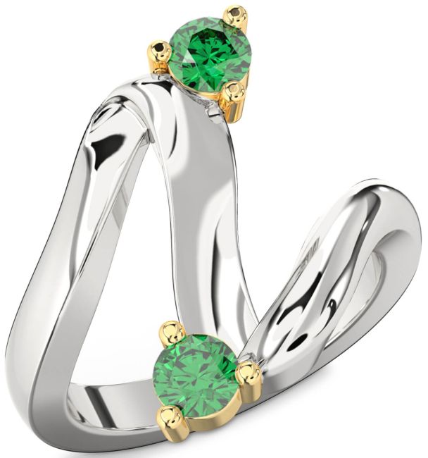 Emerald Gold Silver Round Two Stone Birthstone Ring