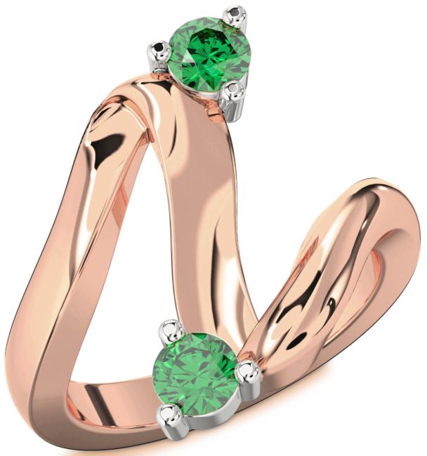 Emerald Rose Gold Silver Round Two Stone Birthstone Ring
