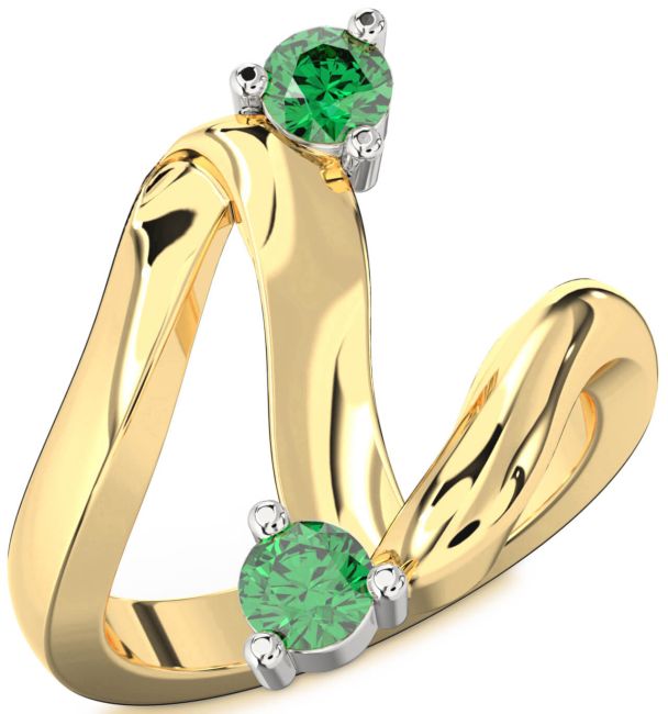 Emerald Gold Silver Round Two Stone Birthstone Ring