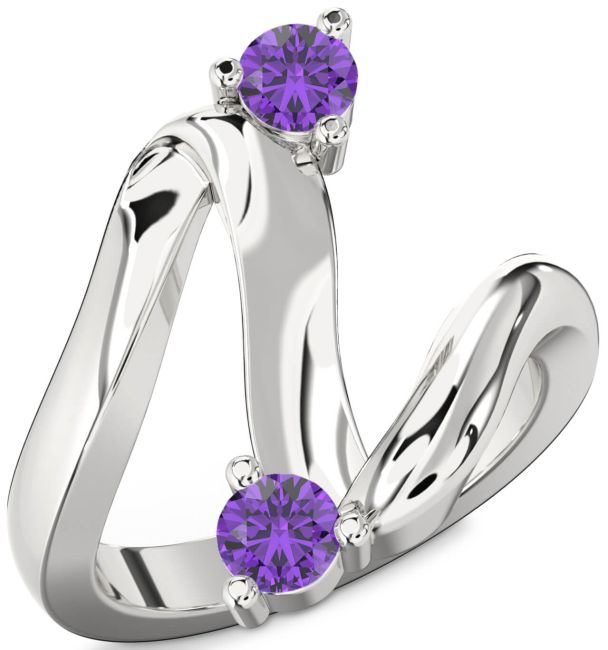 Amethyst Silver Round Two Stone Birthstone Ring