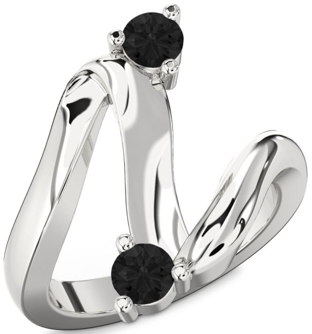 Black Diamond Silver Round Two Stone Ring