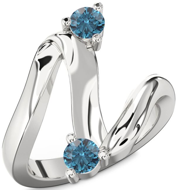 Blue Diamond Silver Round Two Stone Ring