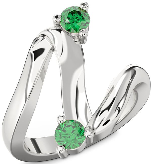 Emerald Silver Round Two Stone Birthstone Ring