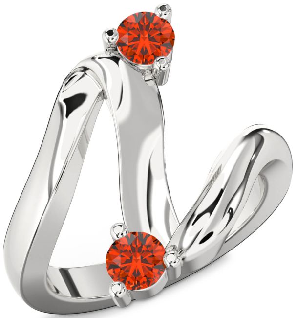 Fire Opal Silver Round Two Stone Ring