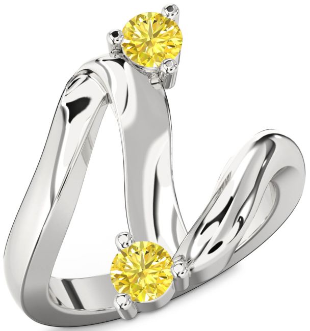 Yellow Diamond Silver Round Two Stone Ring