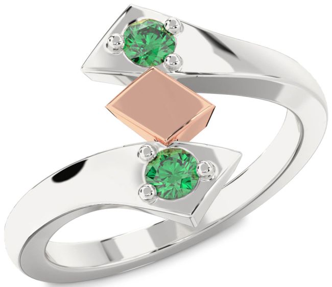 Emerald Rose Gold Silver Round Two Stone Birthstone Ring