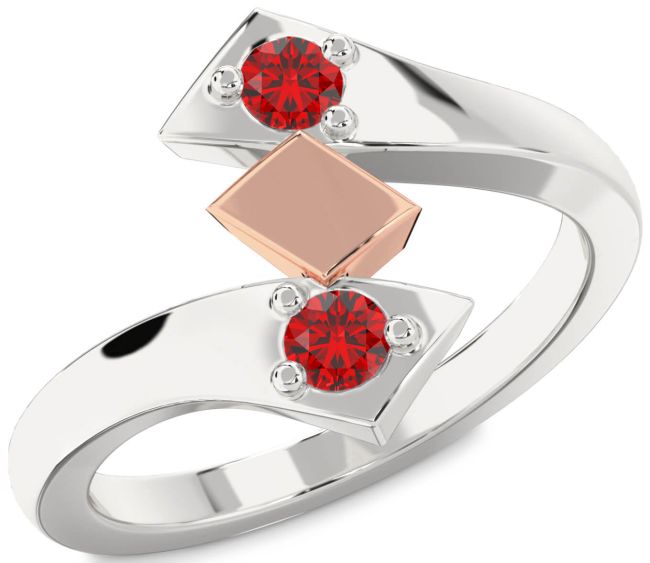 Ruby White Rose Gold Round Two Stone Birthstone Ring