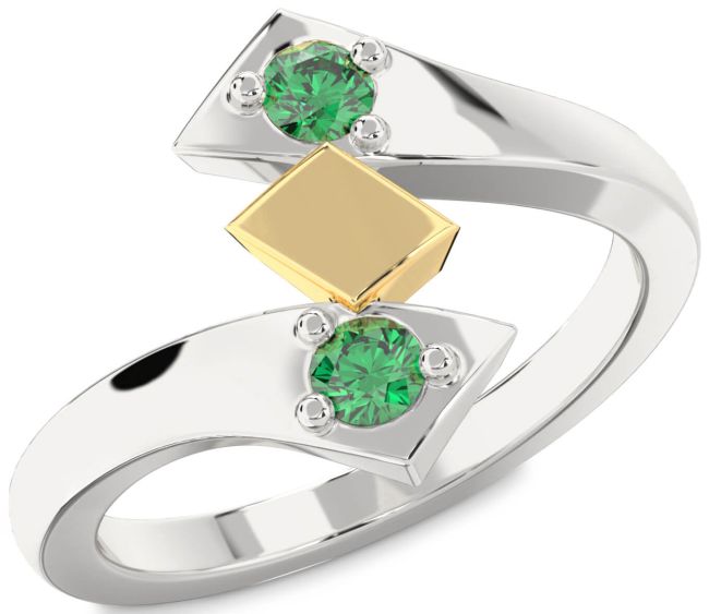 Emerald Gold Silver Round Two Stone Birthstone Ring