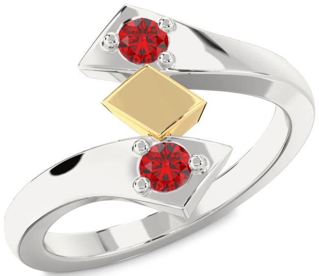 Ruby Gold Silver Round Two Stone Birthstone Ring