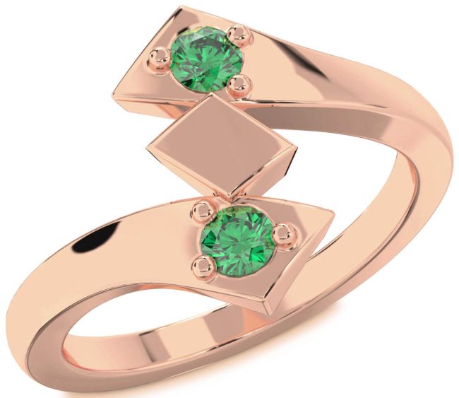 Emerald Rose Gold Silver Round Two Stone Birthstone Ring